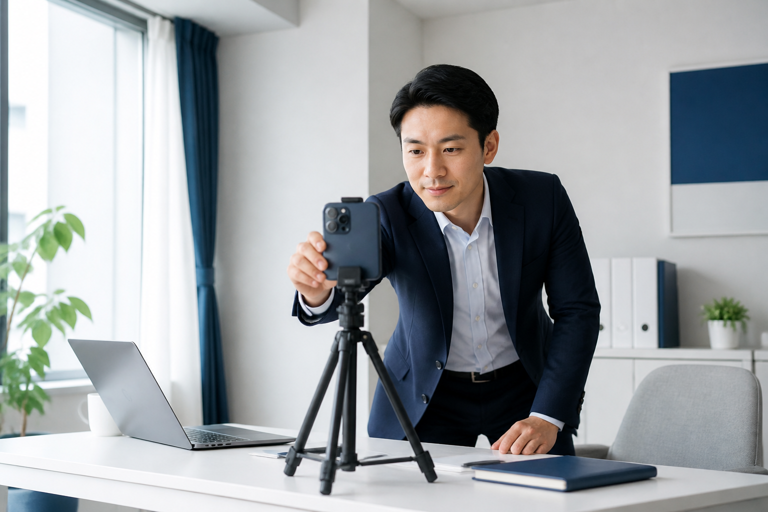 スマートフォンの画角と事務所の背景を確認する政治活動関係者