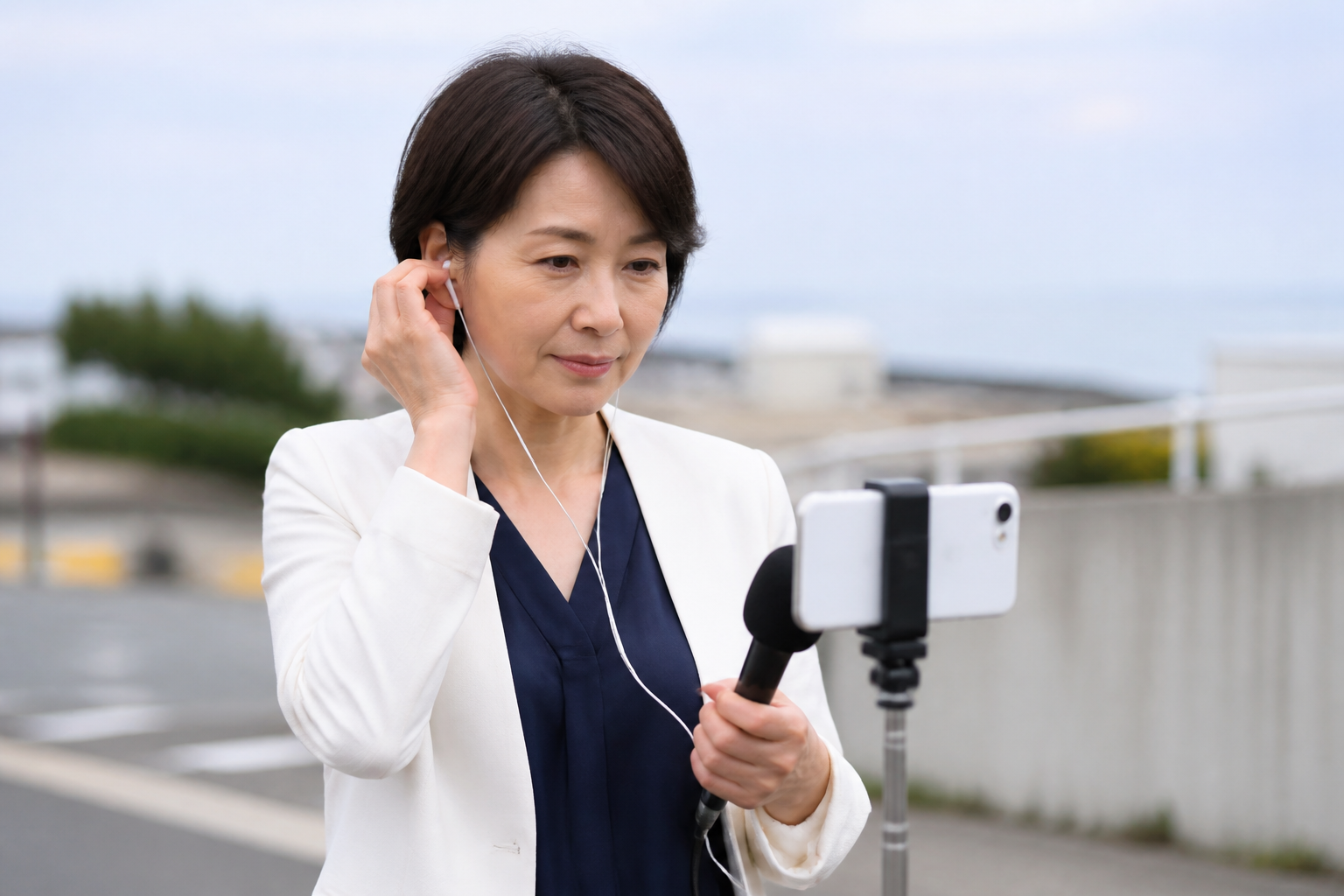屋外でSNS動画の音声を撮影前に確認する政治活動関係者