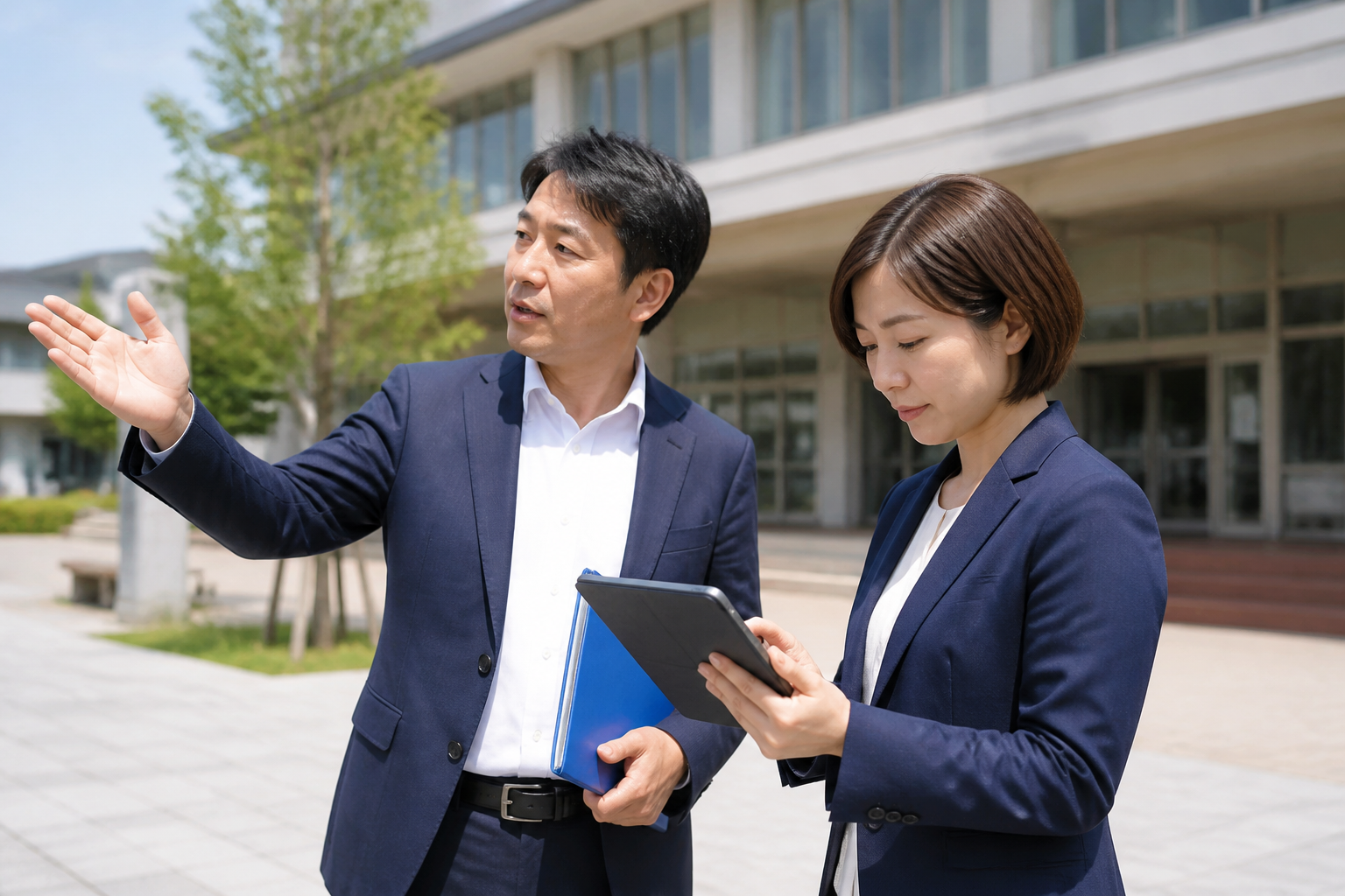 地域視察の写真を複数のSNS投稿用に整理する様子