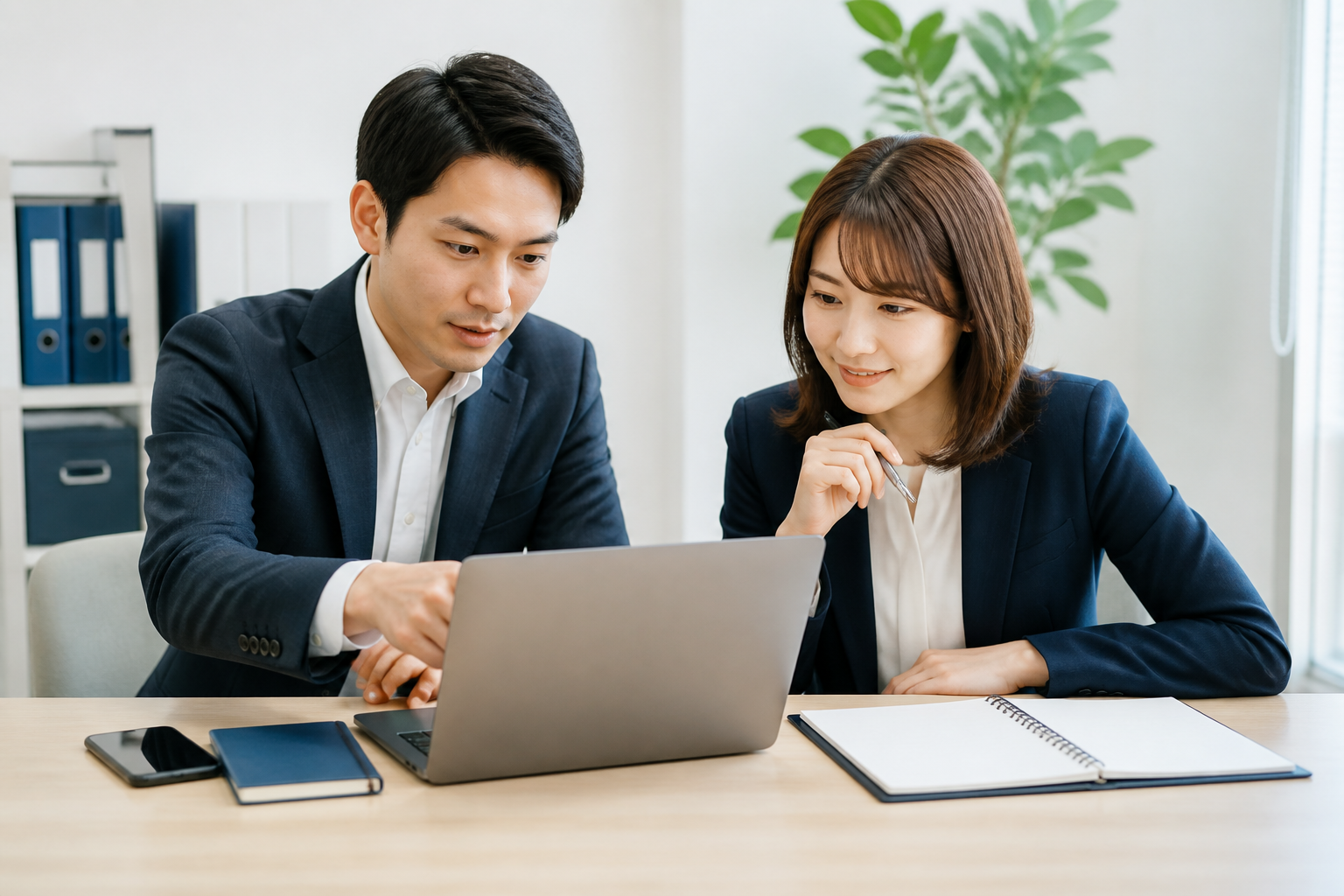 議員事務所でSNS投稿の作成と確認を分担するスタッフ