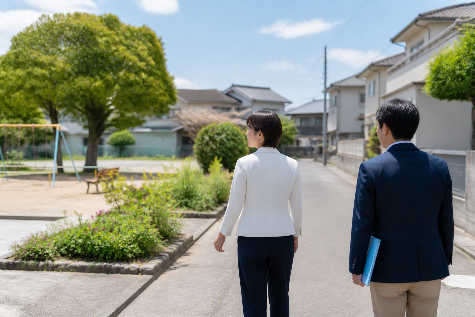 地域を歩きながら公園や道路の状況を確認する地方議員とスタッフ