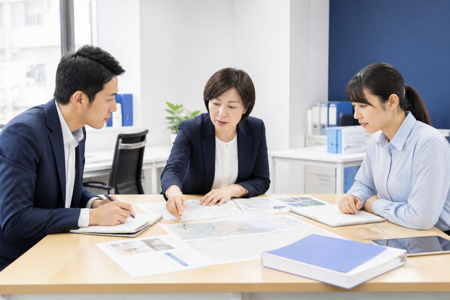 地域調査の資料を見ながら活動の進捗を確認する地方議員とスタッフ