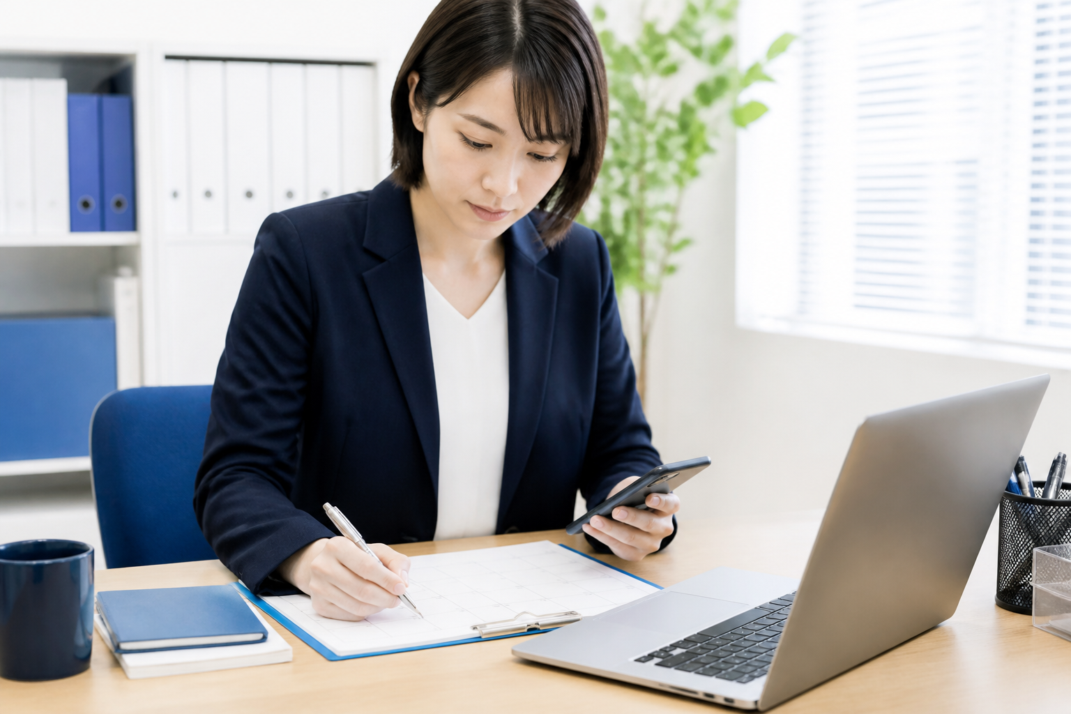 カレンダーとスマートフォンを使ってSNS投稿計画を整理するスタッフ