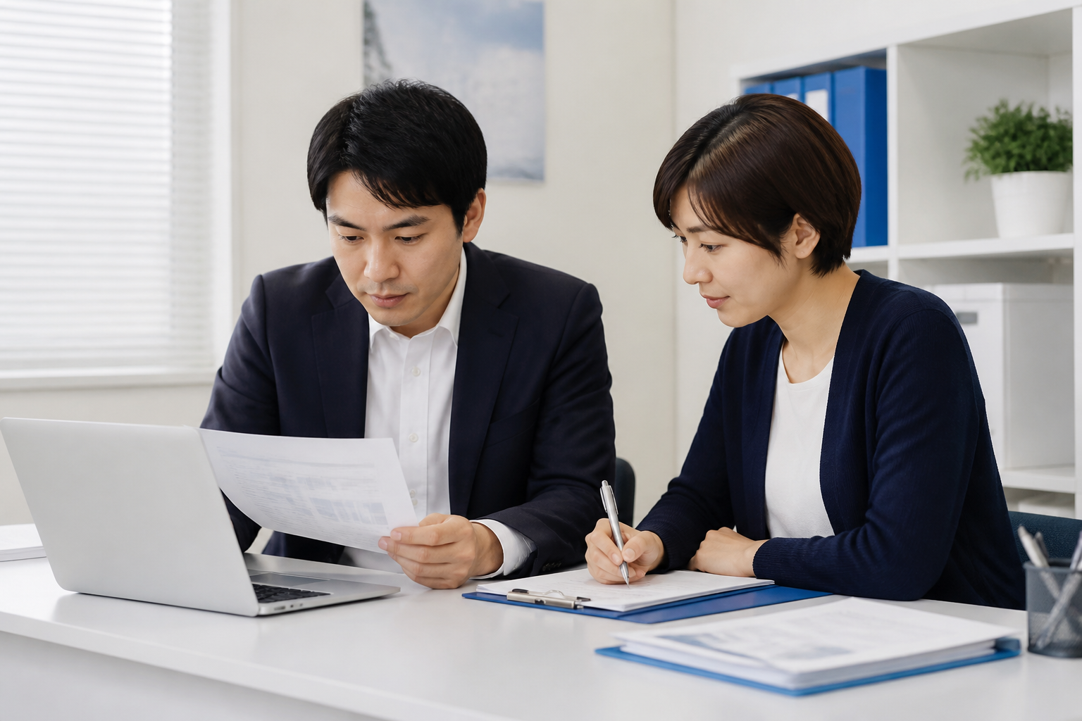資料を照合してSNS投稿の事実確認を行う事務所スタッフ