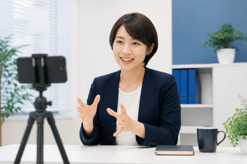 事務所で地域活動を伝えるSNS動画をスマートフォンで撮影する様子