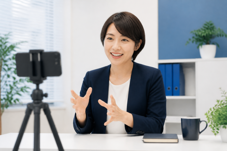 事務所で地域活動を伝えるSNS動画をスマートフォンで撮影する様子