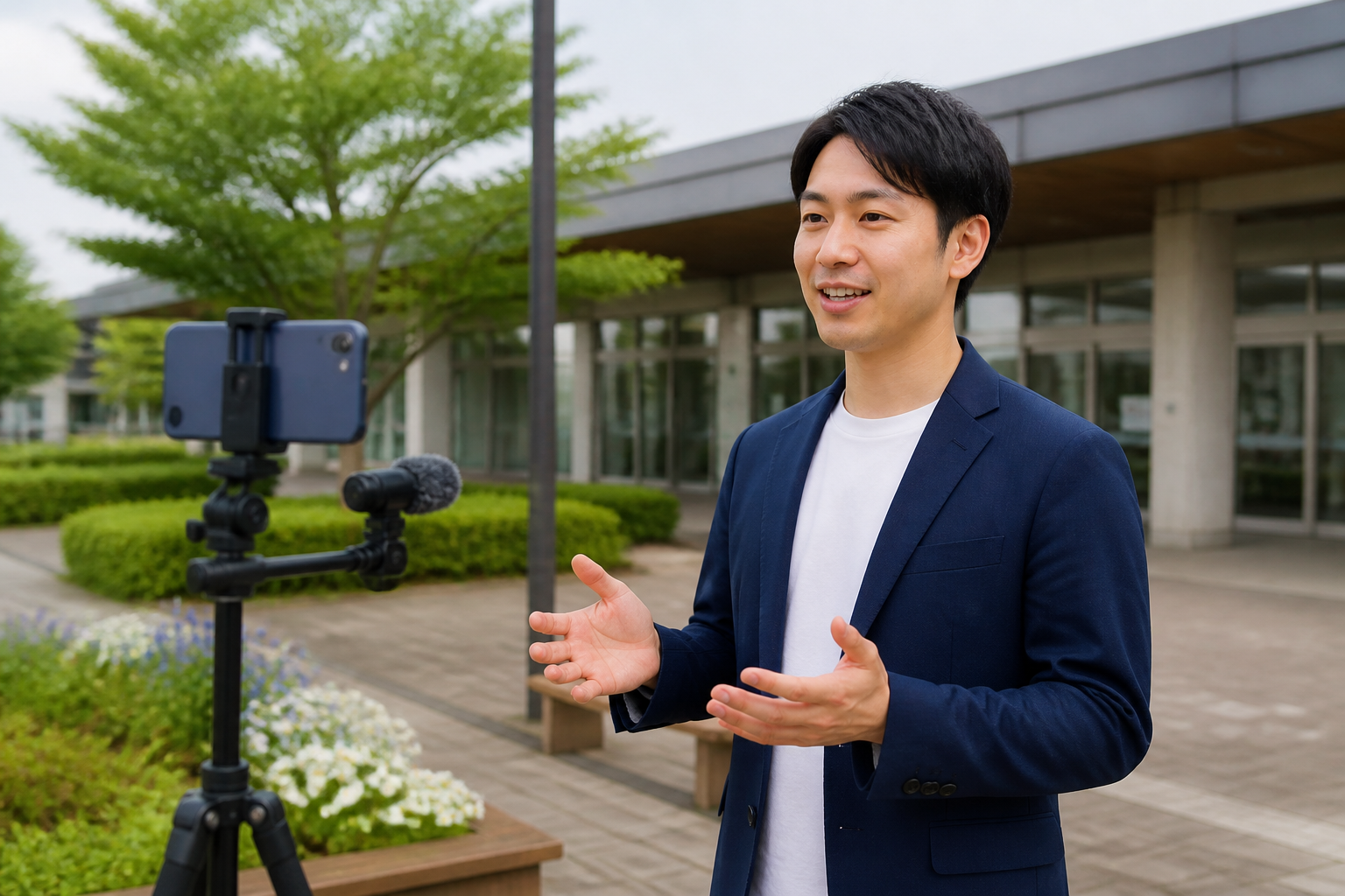 スマートフォンを固定して聞き取りやすい地域活動動画を撮影する様子