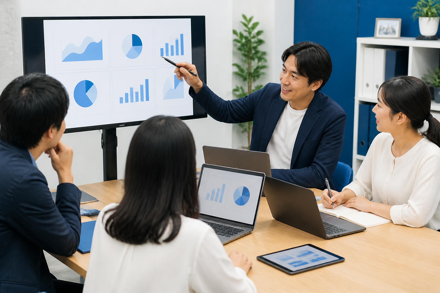 複数の動画を比較してSNS発信の改善点を話し合う広報チーム