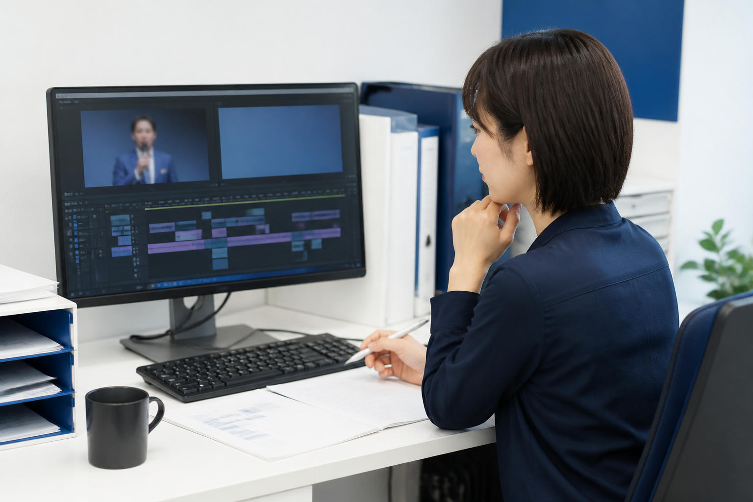 動画の話し言葉を簡潔なテロップに整理する広報担当者
