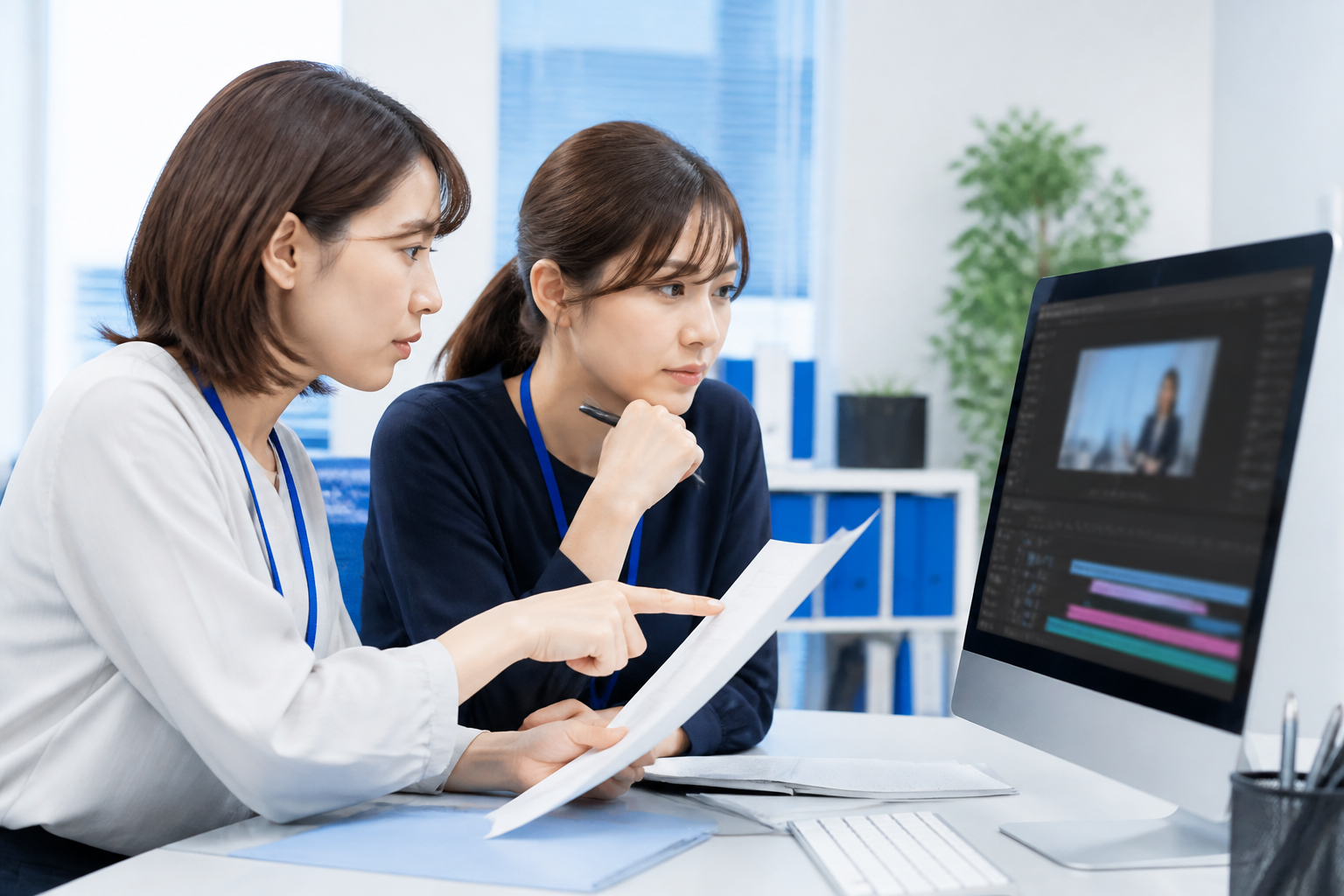 資料と動画を照合してテロップの内容を確認する担当者