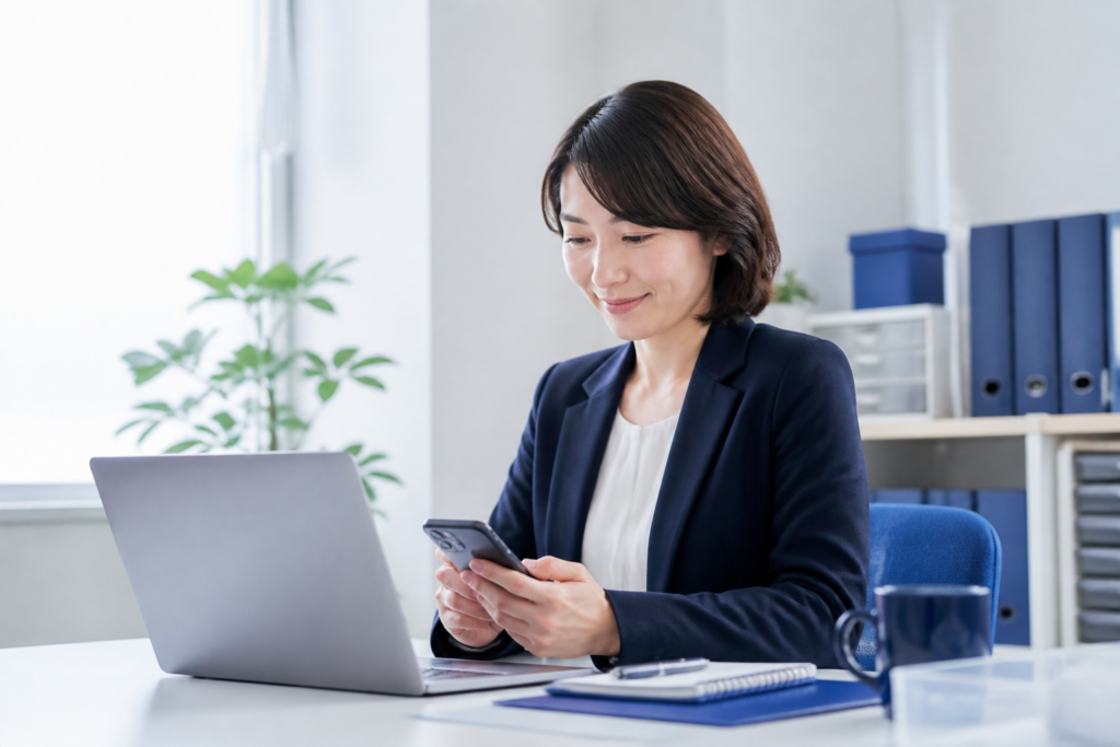 地方議員事務所でパソコンとスマートフォンを使いXの投稿内容を確認する広報担当者