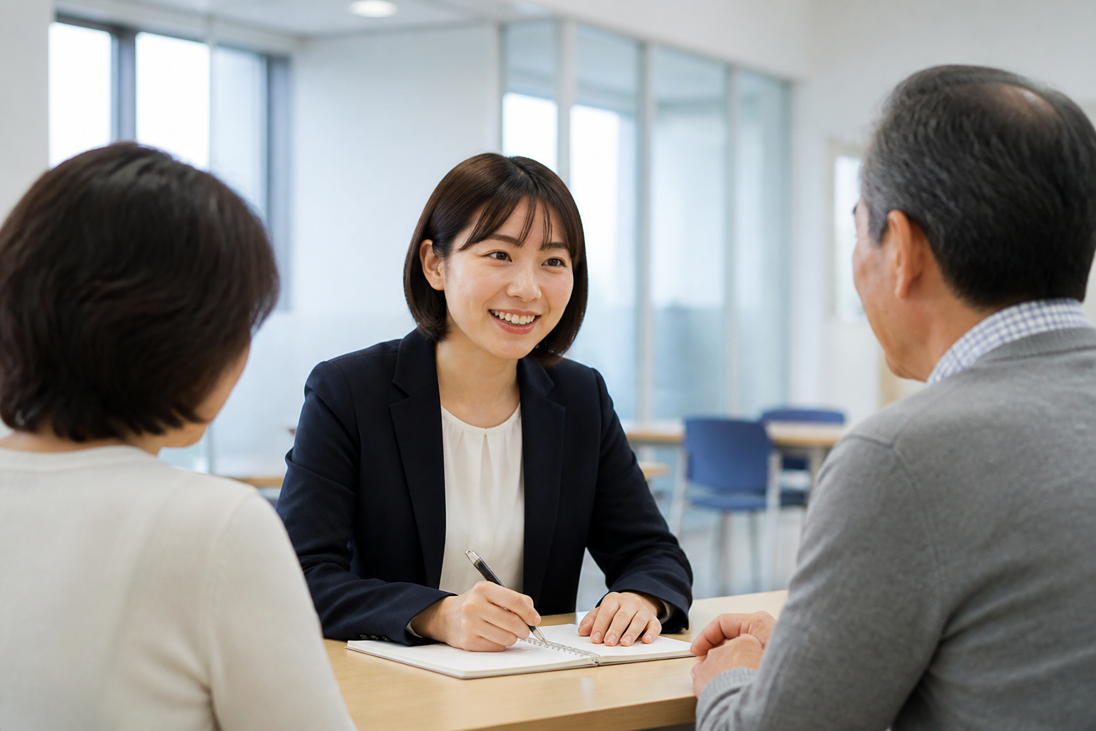 地域施設で住民の話を聞きXで伝える要点を整理する広報担当者