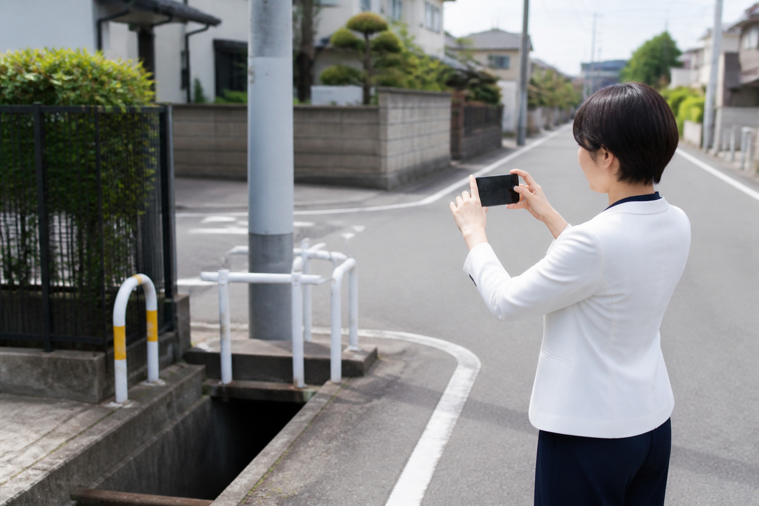 地域課題を分かりやすく伝えるため公共空間をスマートフォンで撮影する担当者