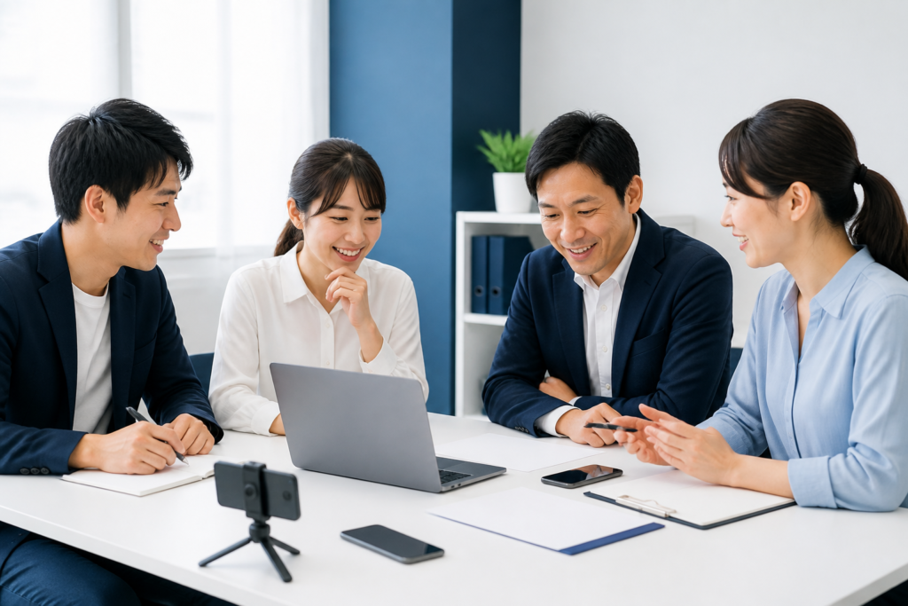 地方議員事務所でSNS発信の準備について打ち合わせるスタッフ
