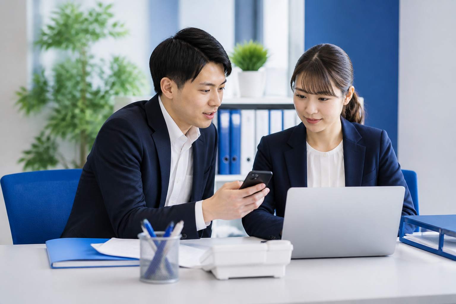 スマートフォンとパソコンでSNSアカウント情報を確認するスタッフ