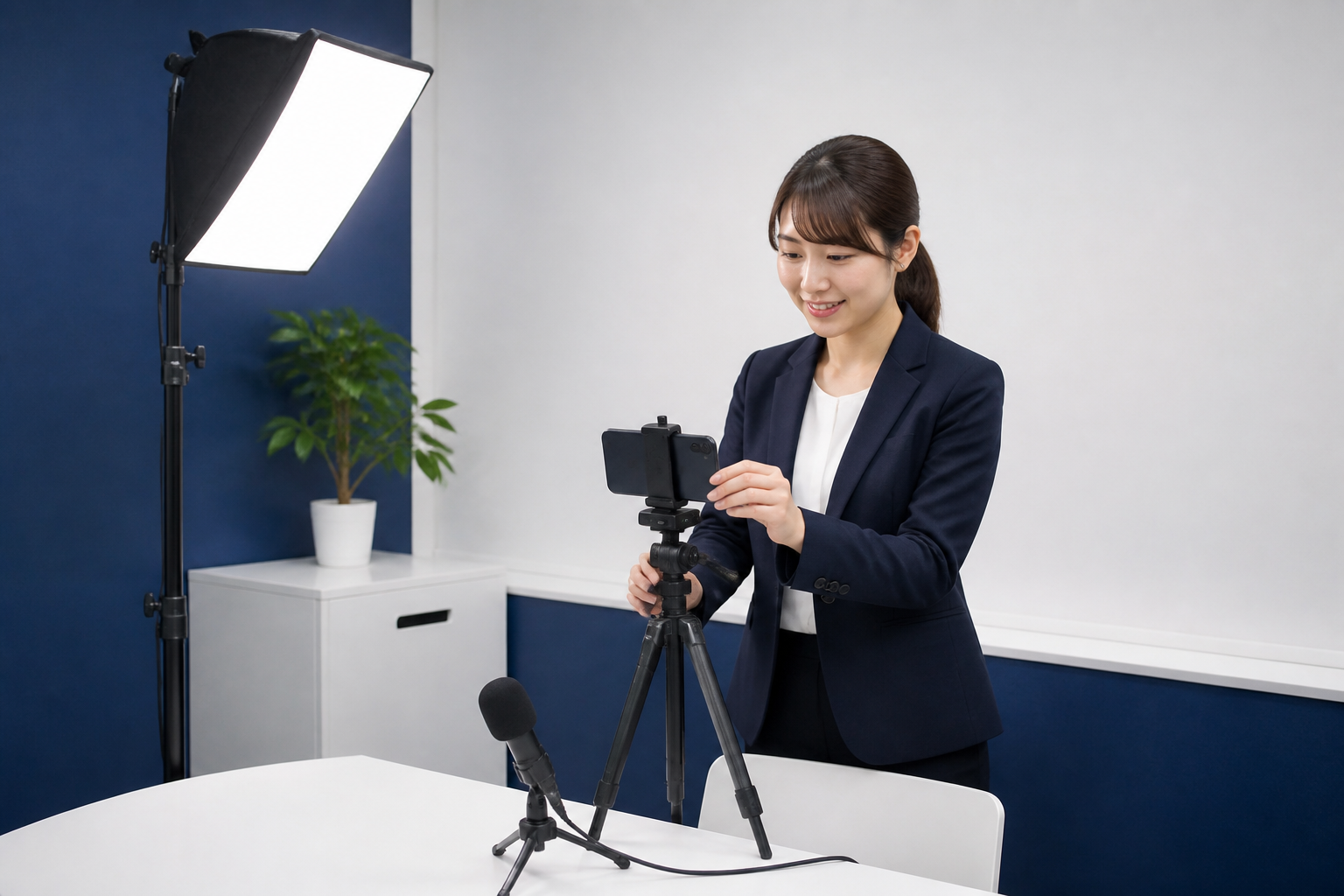 事務所内の動画撮影スペースで機材を確認するスタッフ
