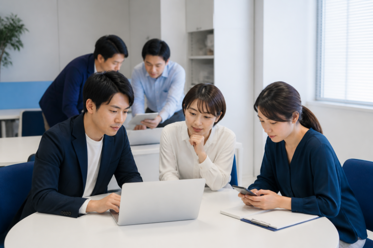 地方議員事務所でSNSアカウントの運用体制を確認するスタッフ