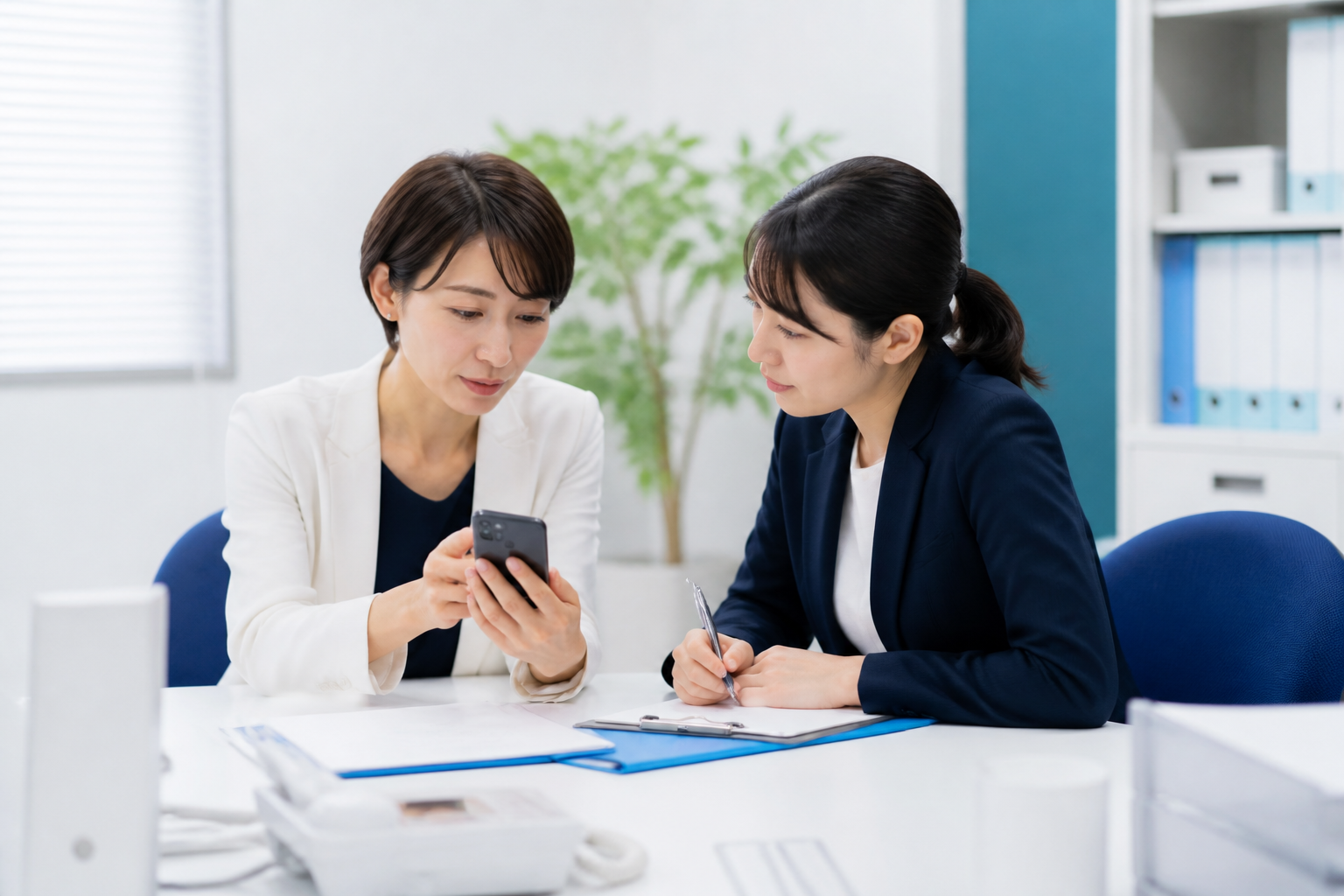 SNSコメントと緊急時の対応方針を相談する事務所スタッフ