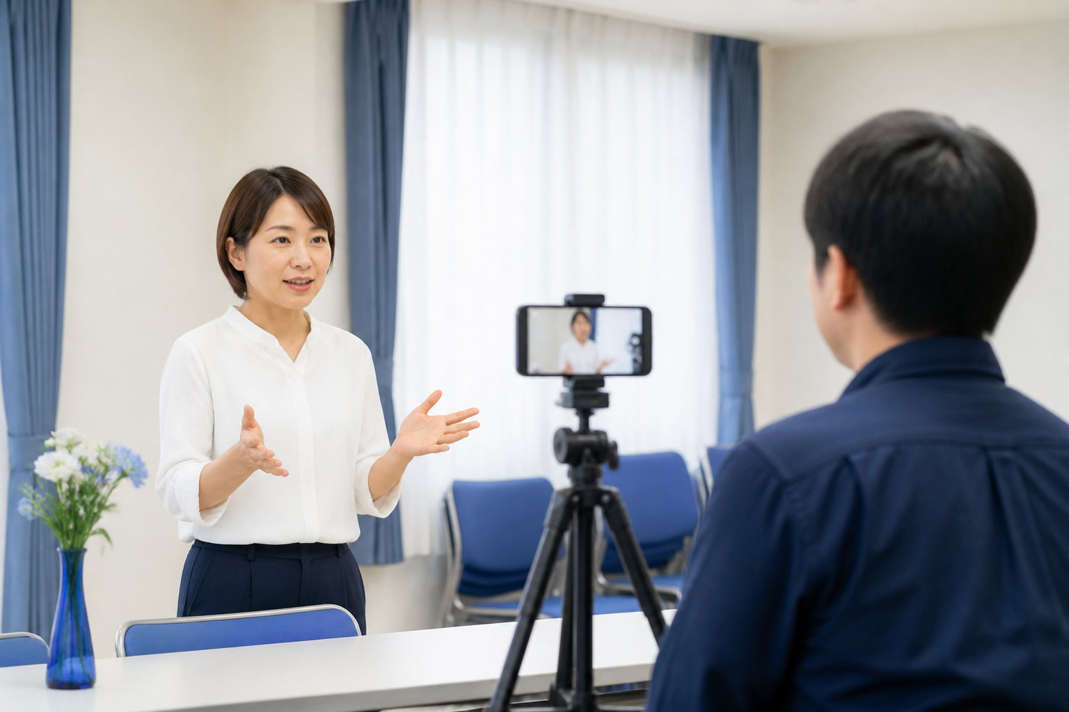 地域活動の会場で投稿しやすい短い動画を撮影するスタッフ