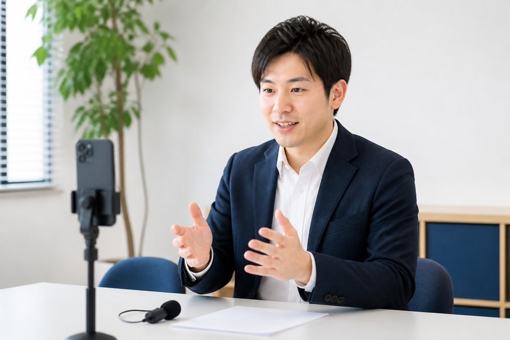 地方議員事務所でスマートフォンを使いショート動画を撮影する政治活動関係者