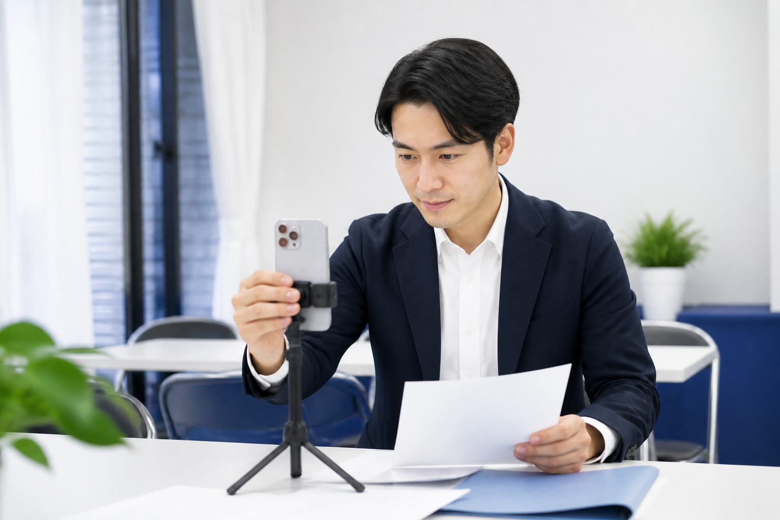 スマートフォンを確認しながらショート動画の長さを検討する政治活動関係者
