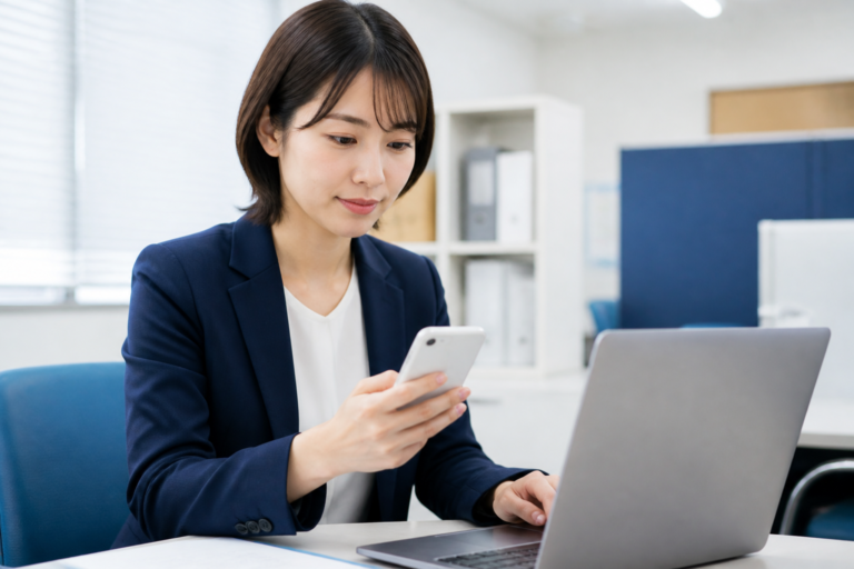 議員事務所でスマートフォンのLINE配信文を確認する広報担当者