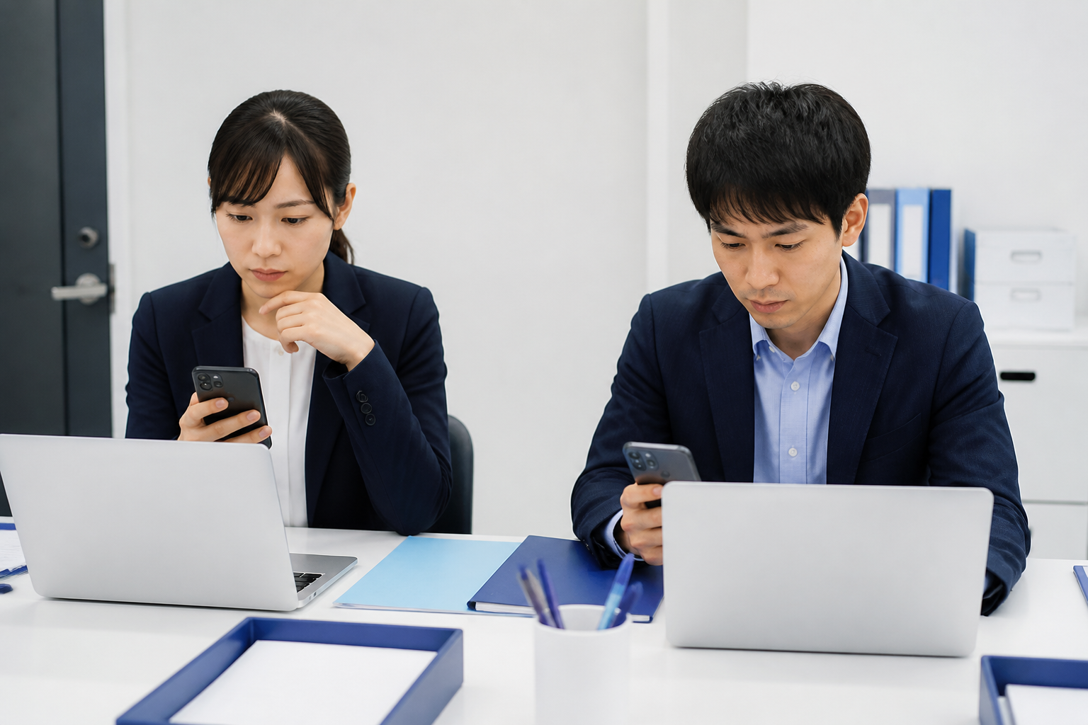 LINE配信前に内容と個人情報の取扱いを確認する事務所スタッフ