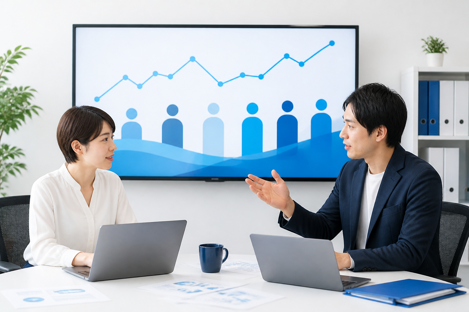 SNSの閲覧傾向とフォロワー増減の背景を話し合うスタッフ