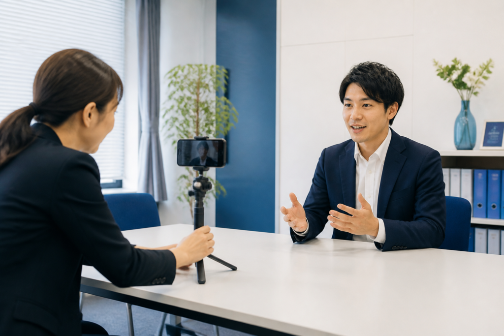 地方議員事務所で政治活動のSNS動画を撮影準備するスタッフと話し手