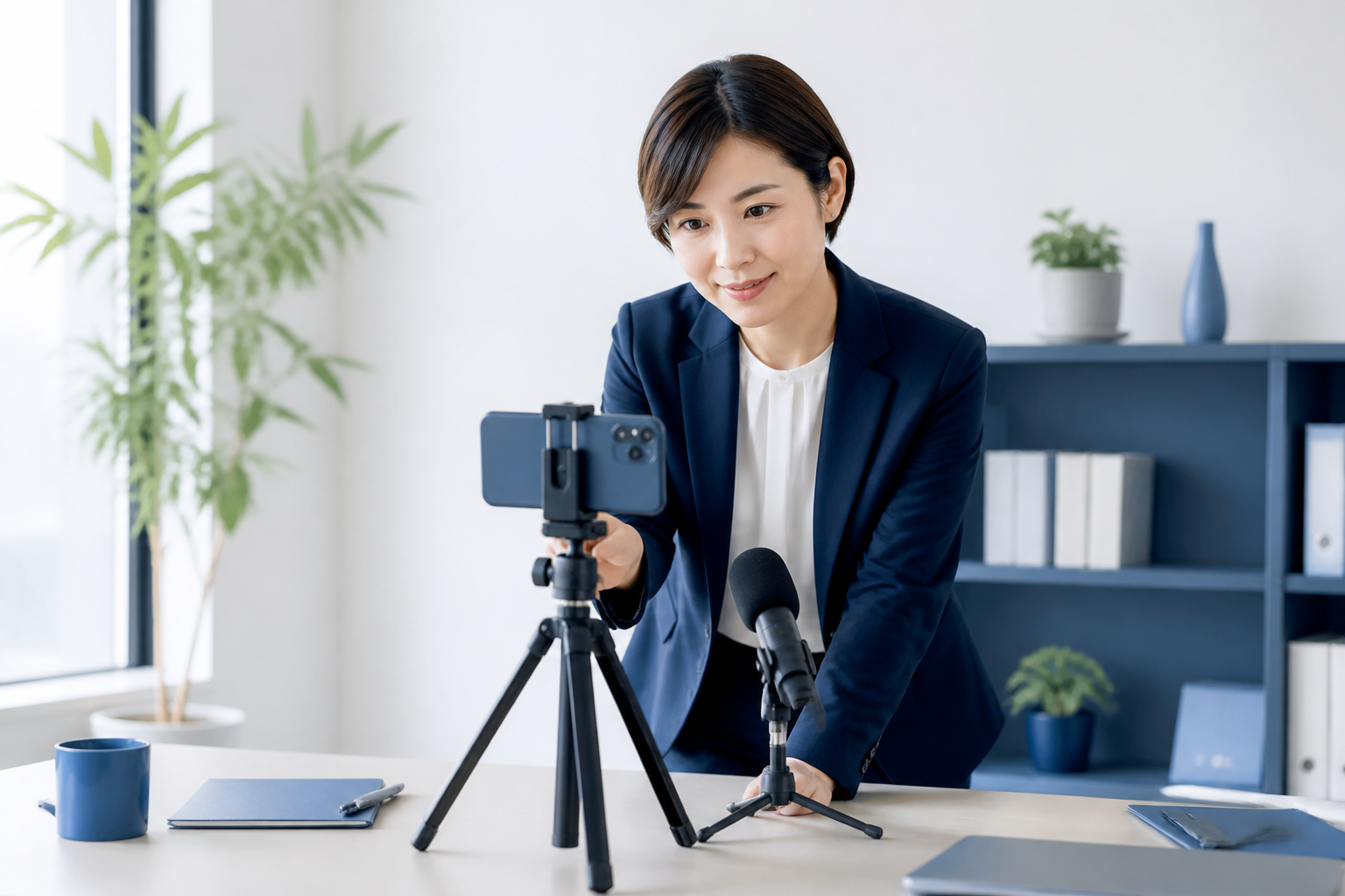 スマートフォンの音声と明るさを確認して動画撮影を準備するスタッフ
