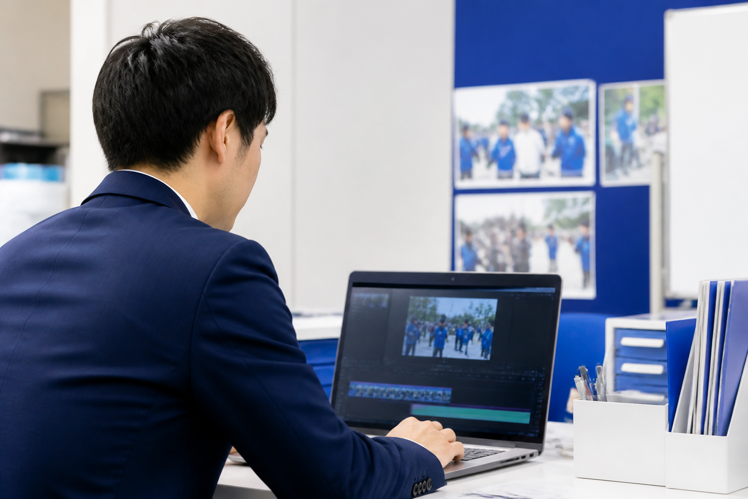 地域活動の動画に字幕と見やすい画面構成を設定するスタッフ