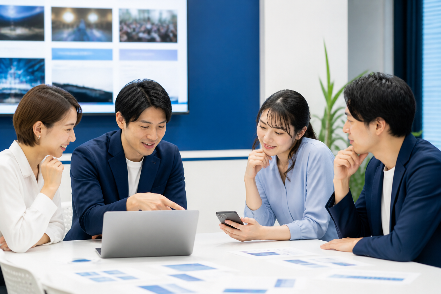 投稿した動画への反応を振り返り次の企画を検討する広報チーム