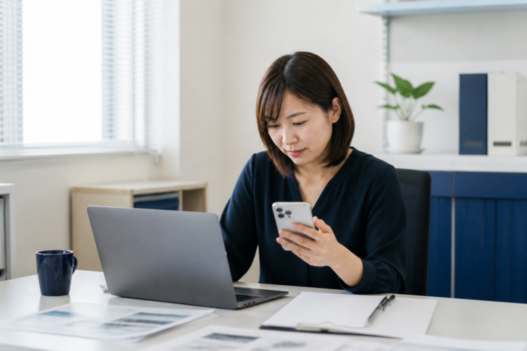 議員事務所でスマートフォンとパソコンを使いSNS投稿の書き出し案を比較する広報担当者