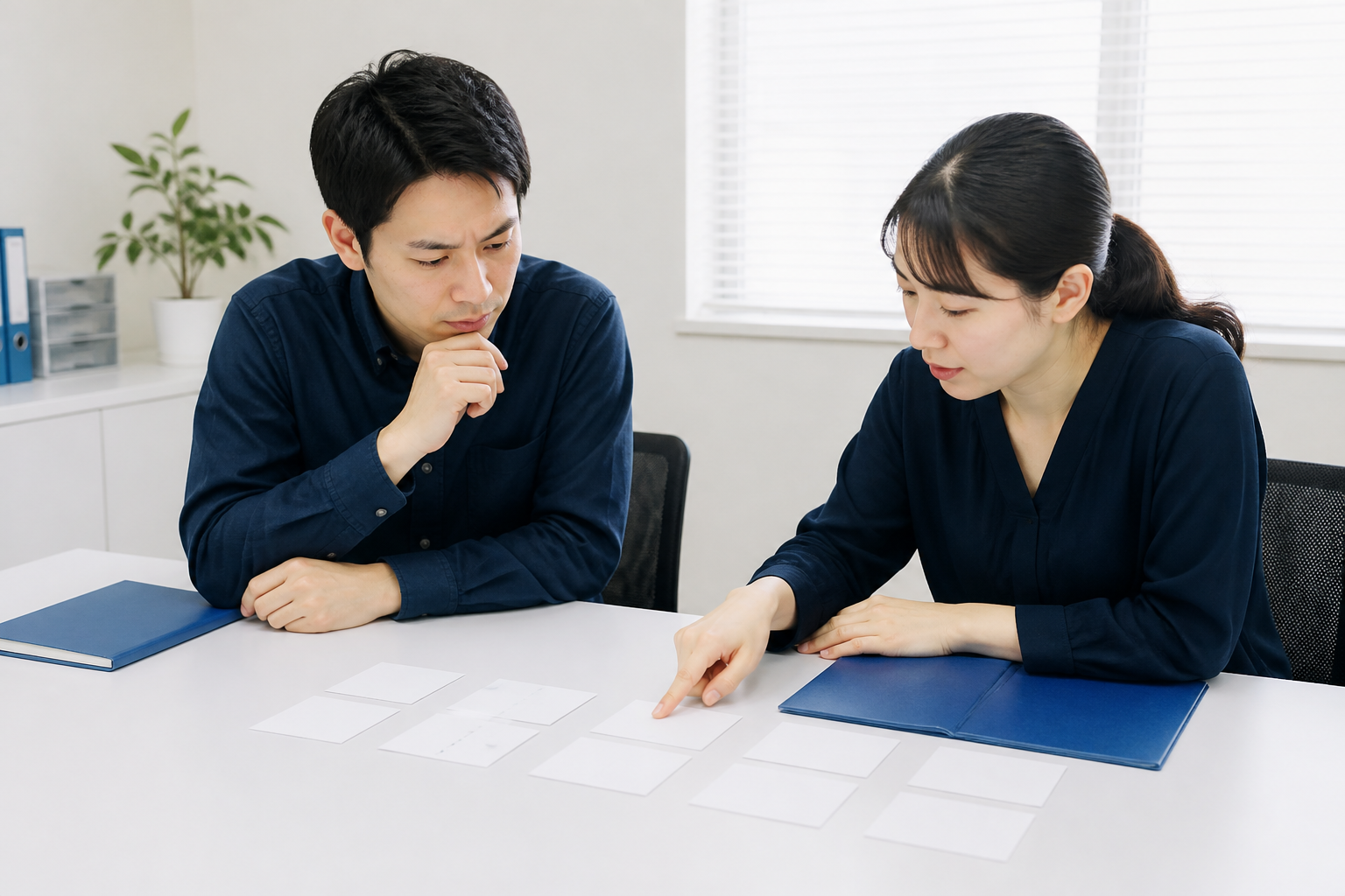 異なる切り口で作った複数のSNS投稿案を比較する事務所スタッフ