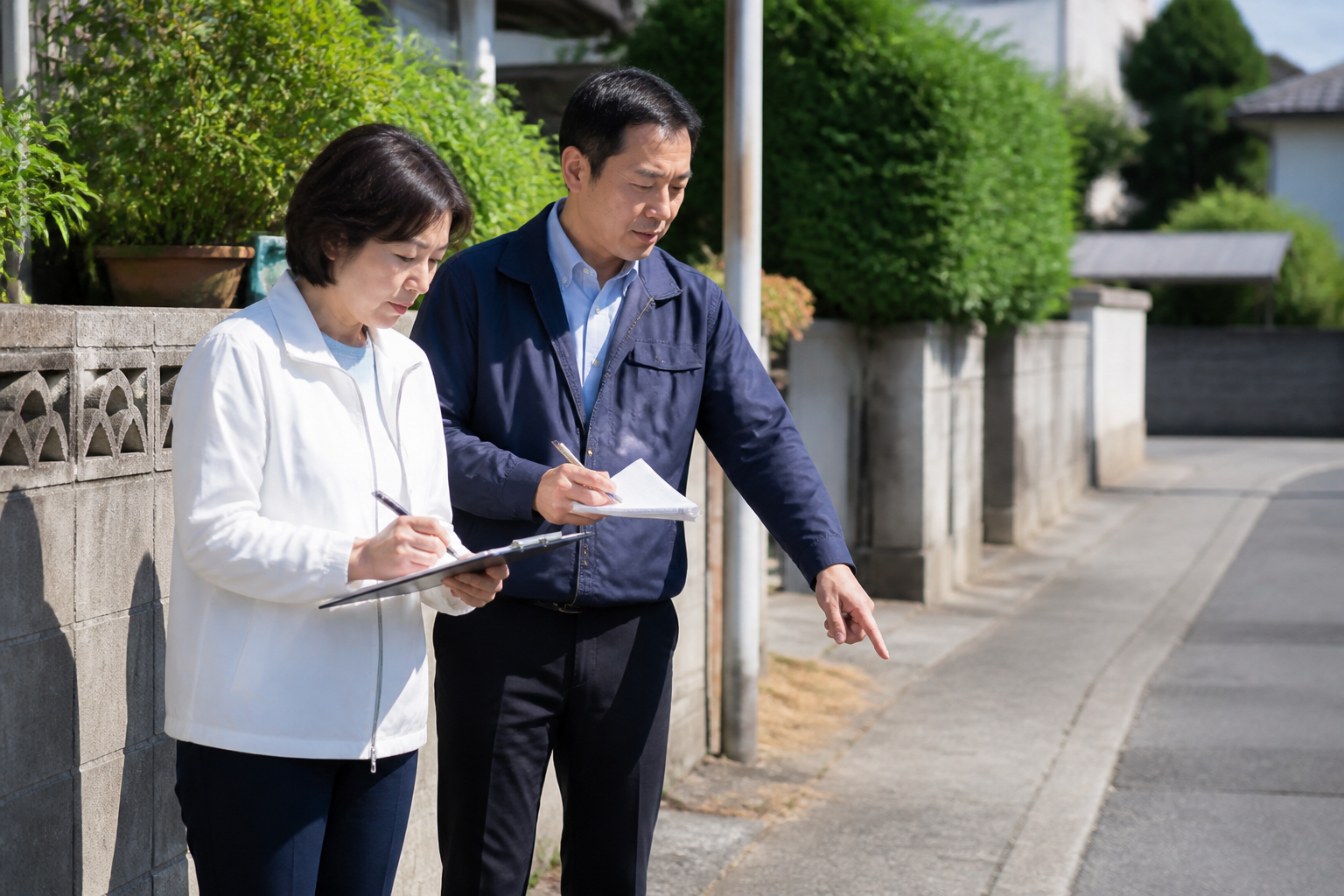 地域活動の現場を確認しながらSNSで伝える要点を考える議員とスタッフ