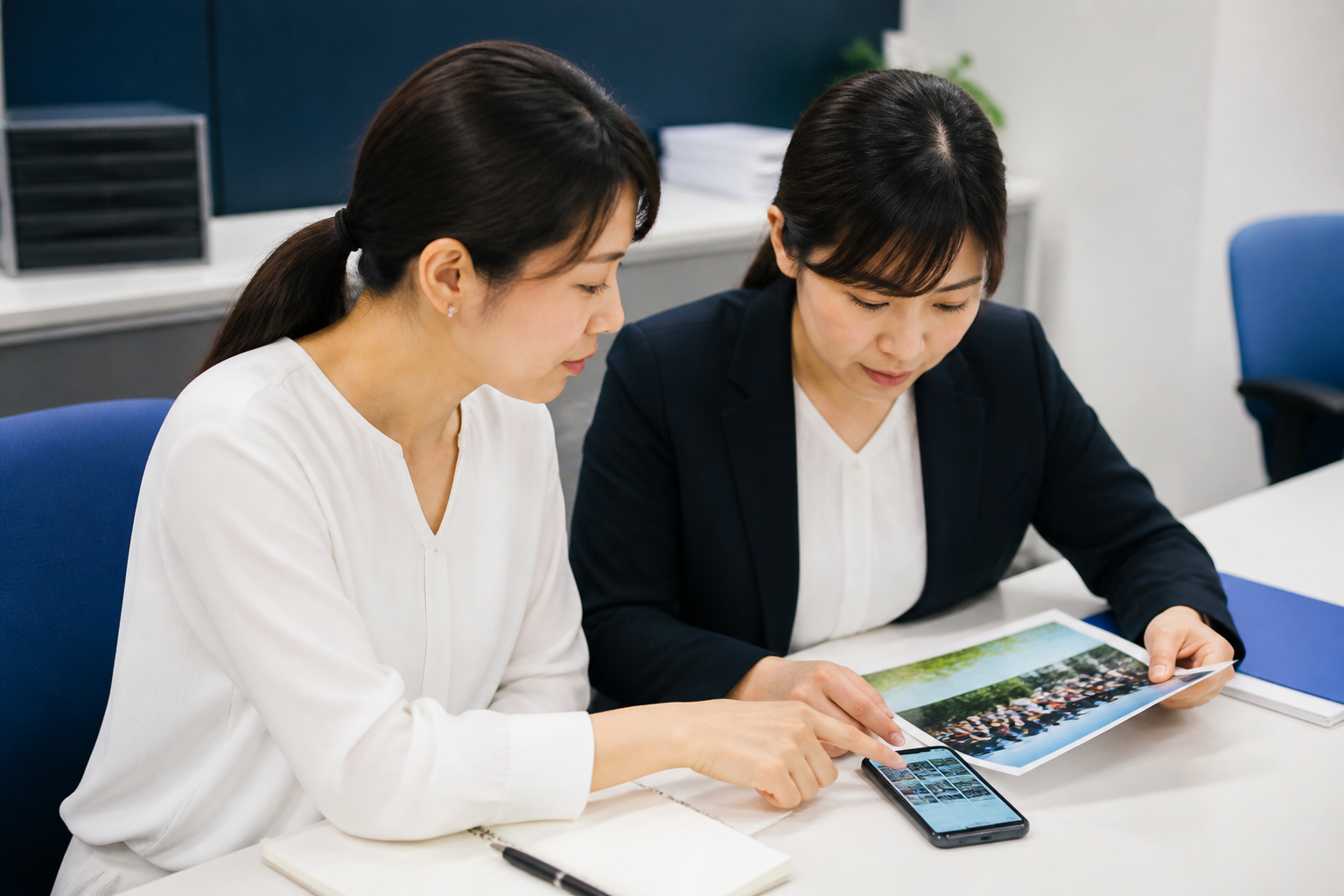 SNS投稿の事実関係と写真の公開範囲を確認する事務所スタッフ