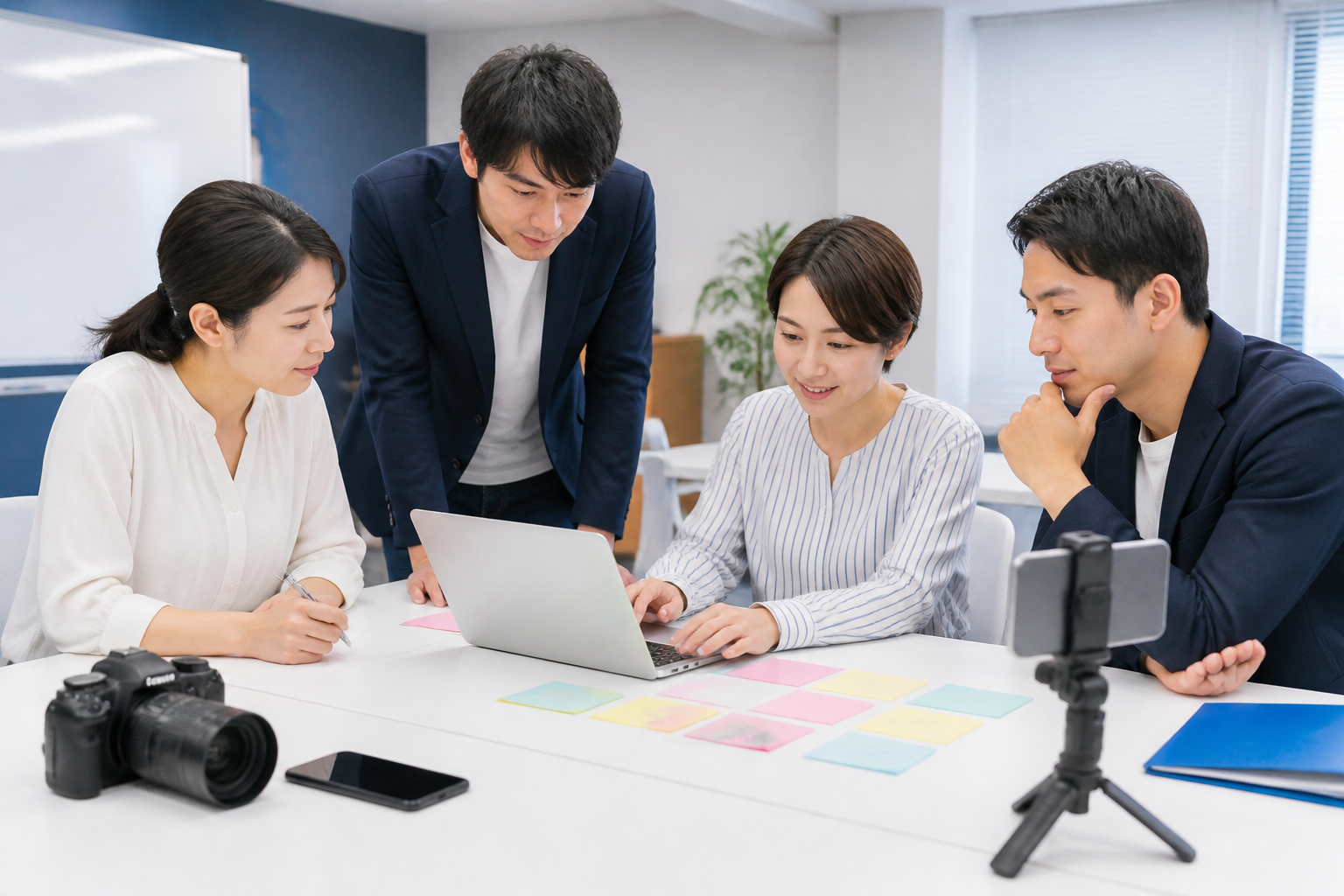 SNS投稿の工程を事務所内で整理するスタッフ
