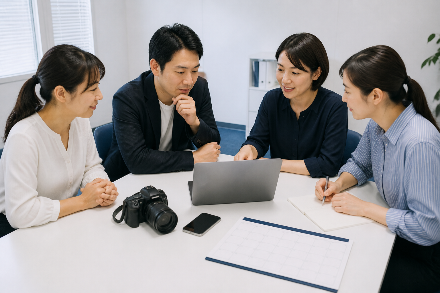 SNS運用の担当者と代替担当を話し合う議員事務所のスタッフ