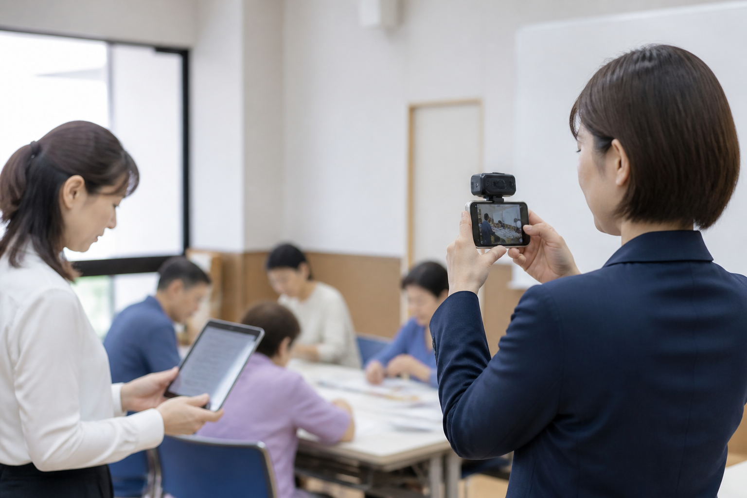 地域活動を撮影しSNS用素材を確認する事務所スタッフ