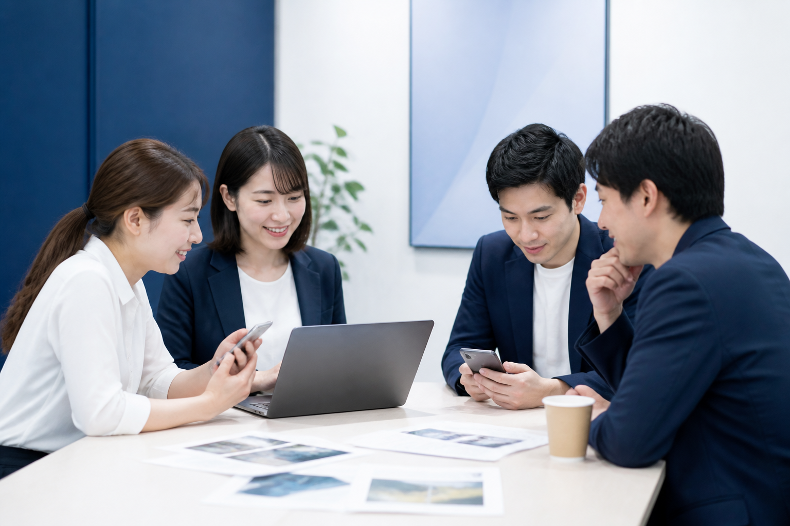 SNS投稿後の確認と運用の振り返りを行う事務所スタッフ