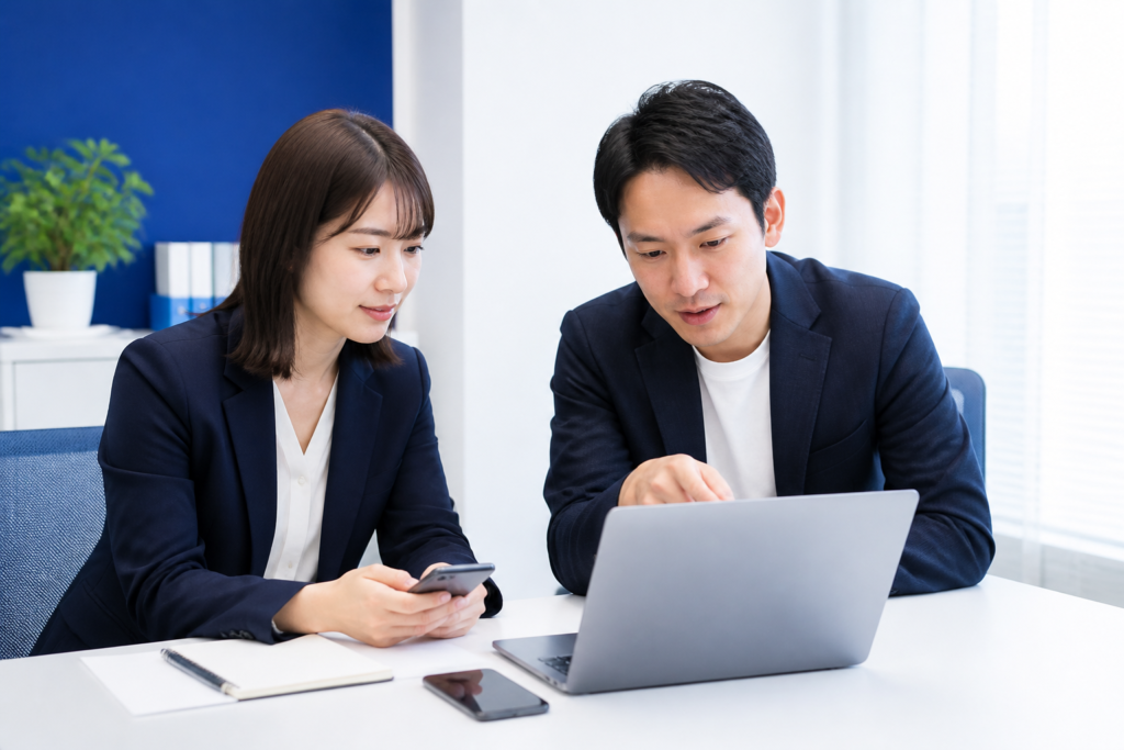 議員事務所でSNSのコメント対応について確認する広報担当者とスタッフ