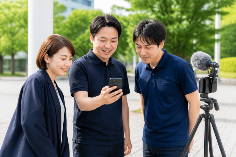 街頭活動後にスマートフォンで撮影動画を確認する地方議員とスタッフ