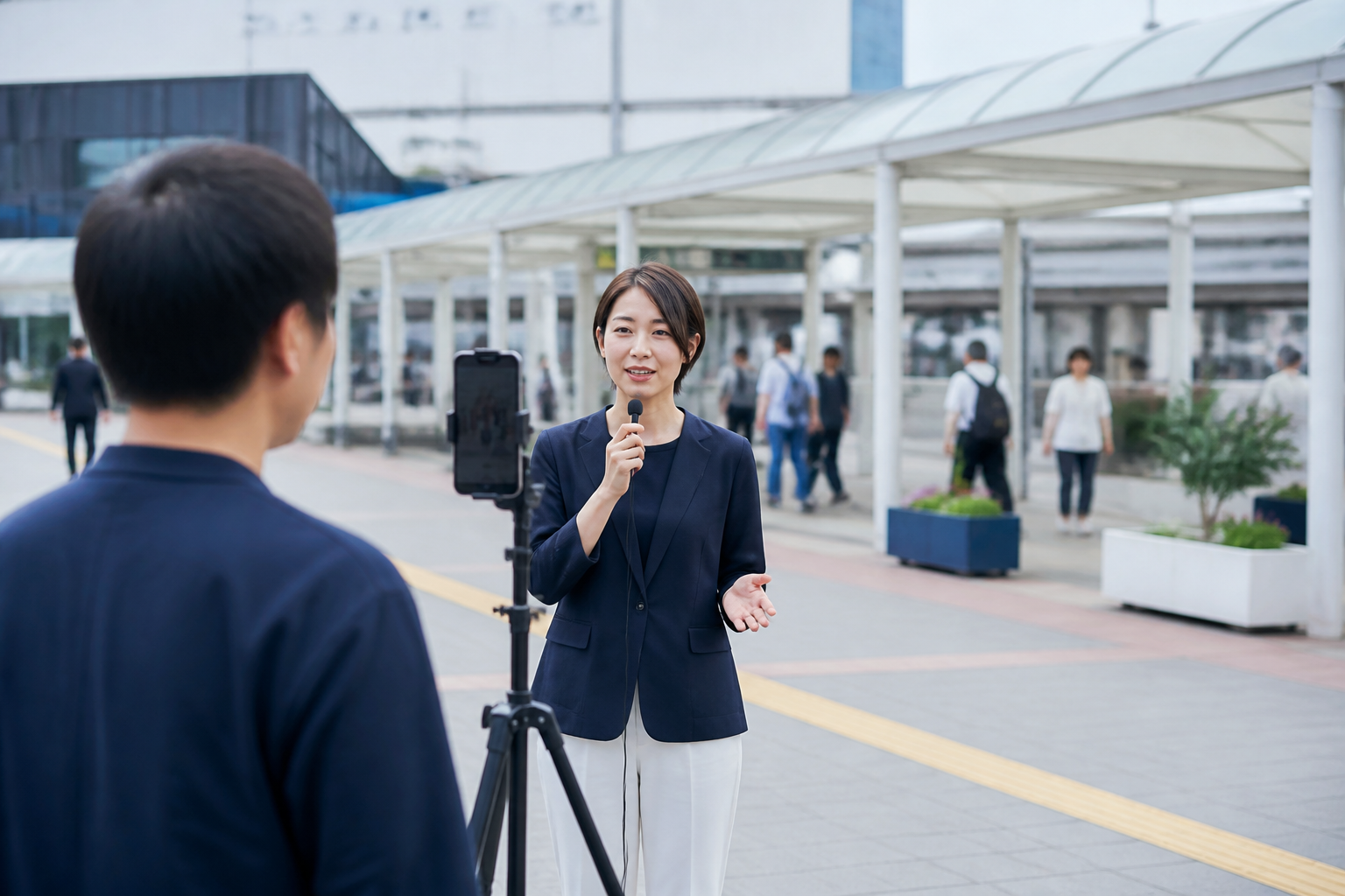 駅前広場でスマートフォンと三脚を使って街頭活動を撮影する様子