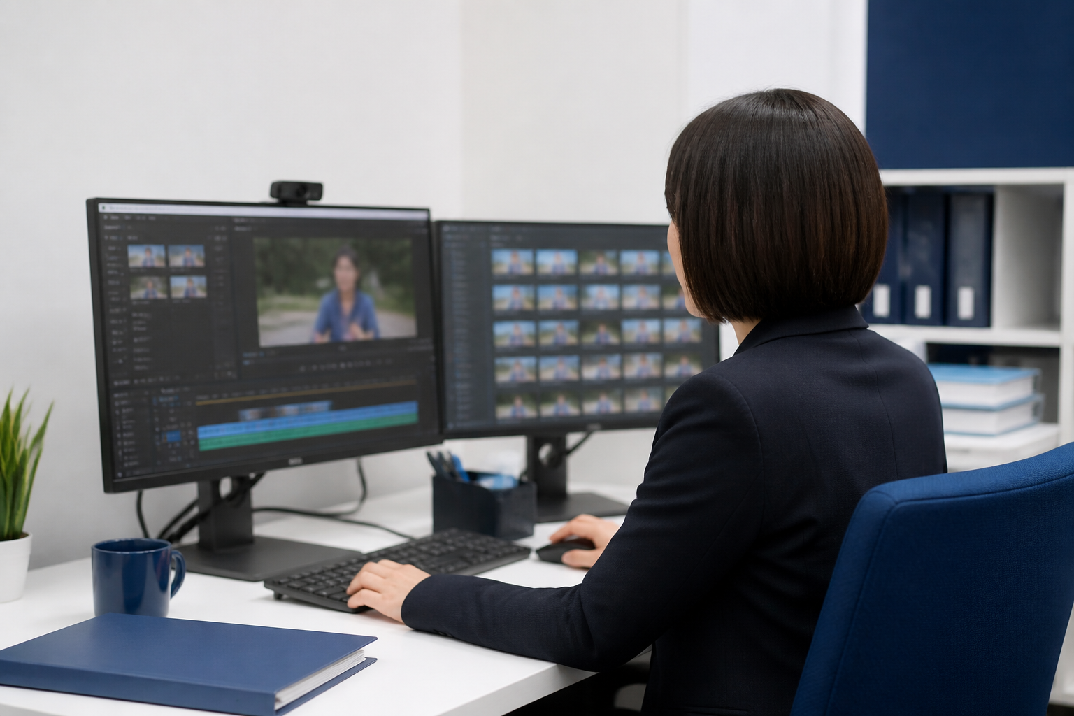 パソコンで街頭活動動画の必要な場面を切り出す広報担当者