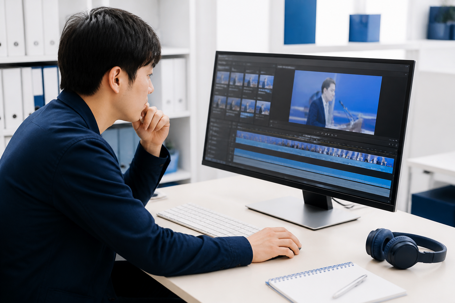 一つの地域課題に絞って議会質問動画を編集するスタッフ