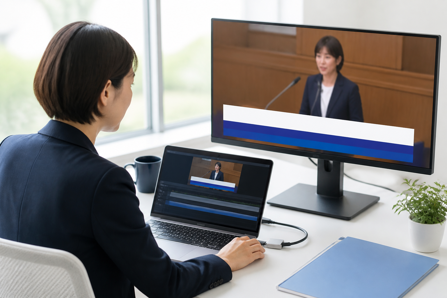 議会質問動画に見やすい字幕を付ける広報スタッフ