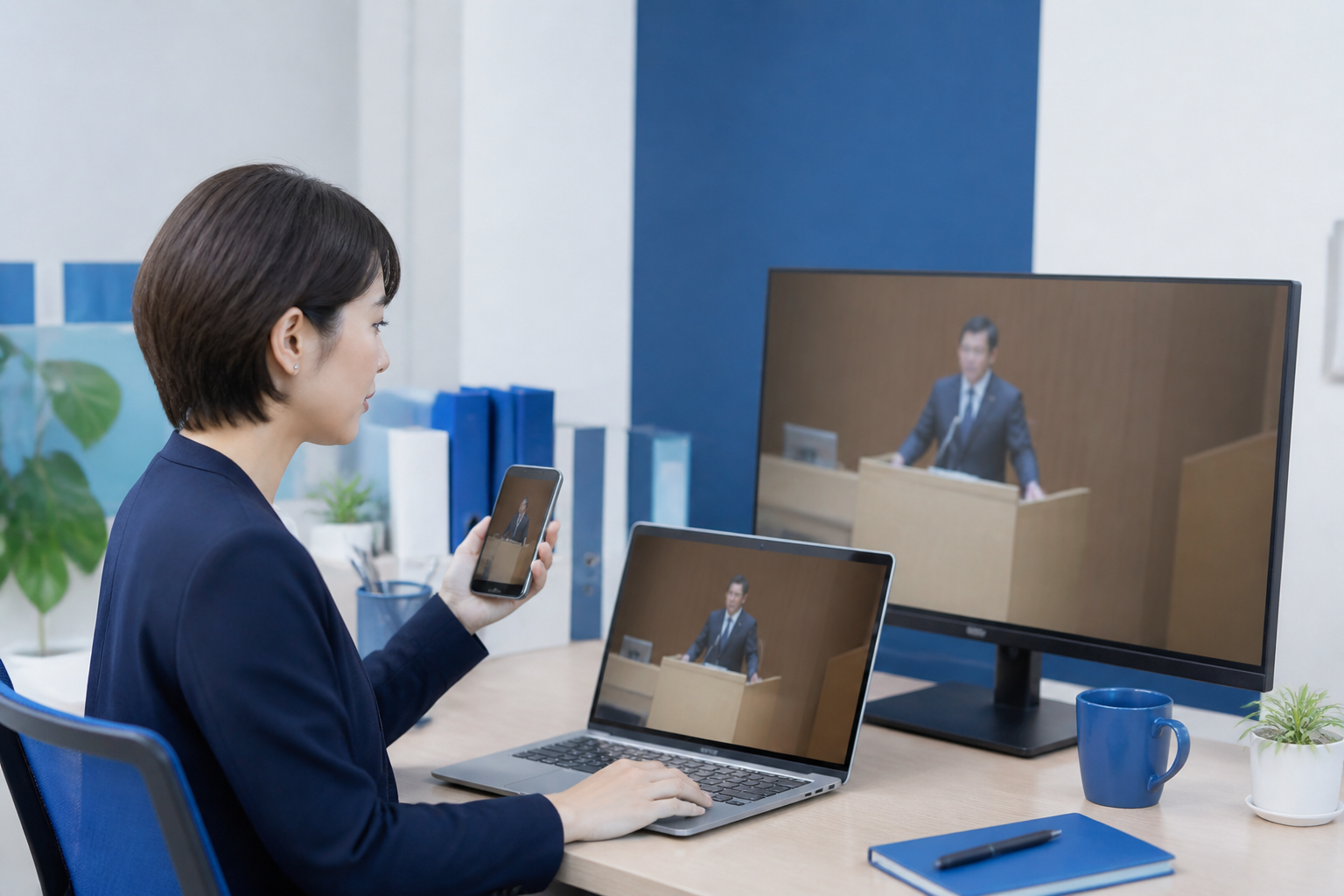 複数のSNSに合わせて議会動画を調整する事務所スタッフ