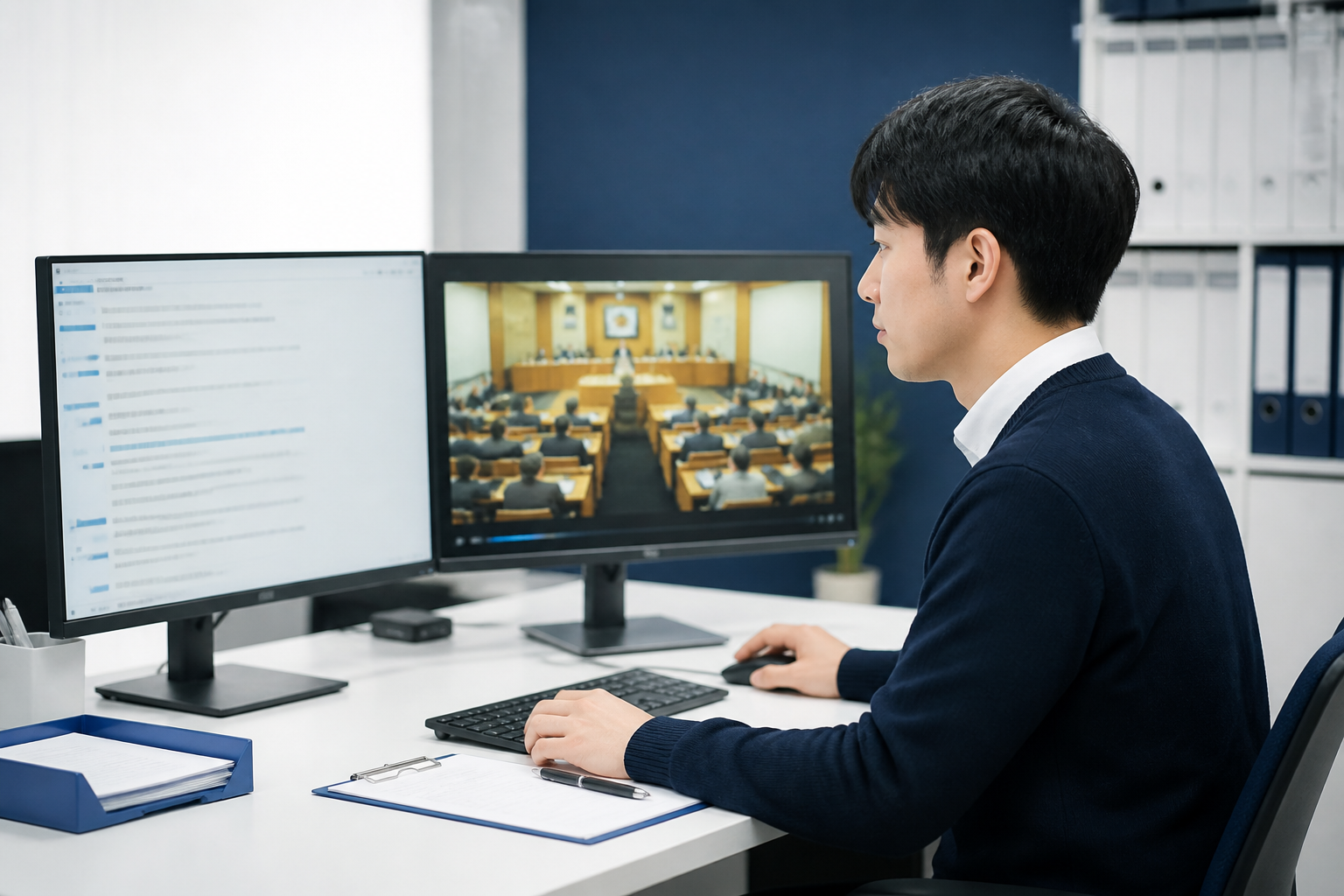 AIの文字起こし候補を議会映像と照合する広報担当者