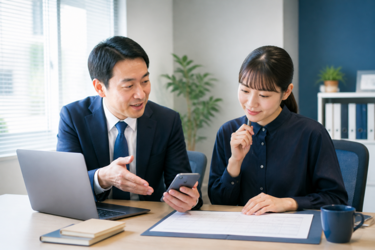 議員事務所で週間予定表を確認しながらSNS投稿案をまとめる地方議員と広報スタッフ