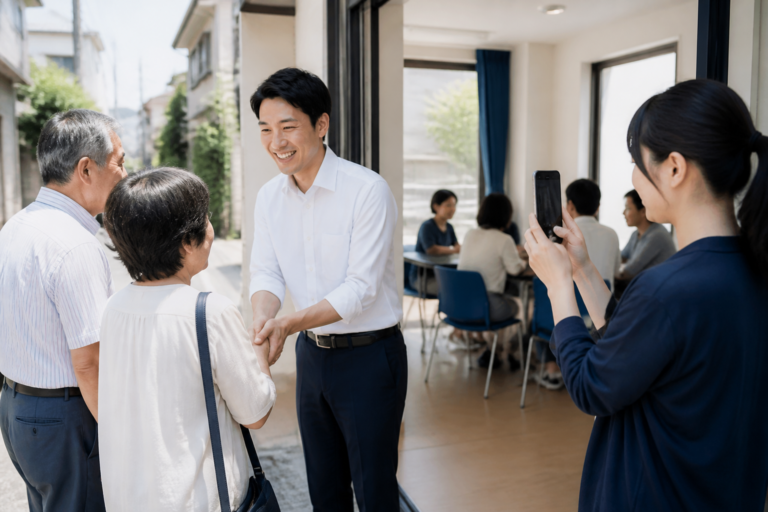 地域活動の内容を確認しながらスマートフォンでSNS発信を準備する新人候補者とスタッフ